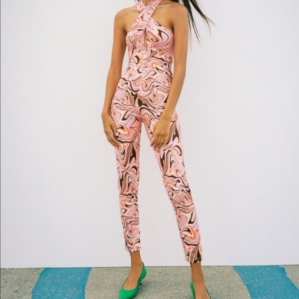 Zara Long Printed Jumpsuit Medium NWT